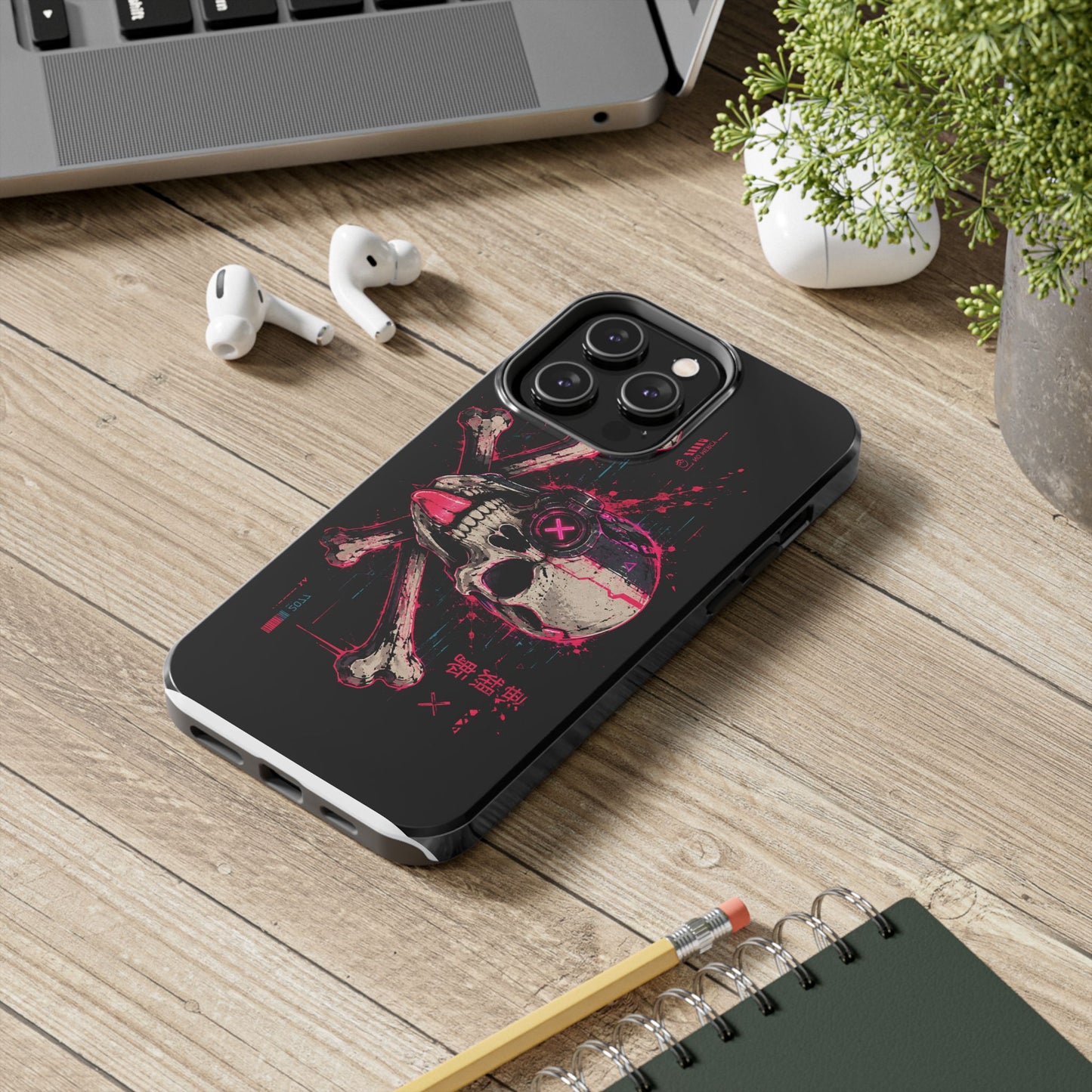 Skull & Crossbones Tough Phone Case — Neon Cyberpunk Skull Design