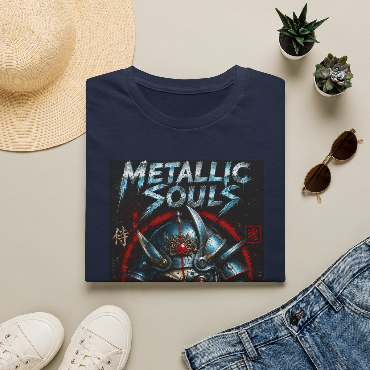 Metallic Souls Samurai Helmet T‑Shirt — Vintage Mecha Warrior Graphic Tee