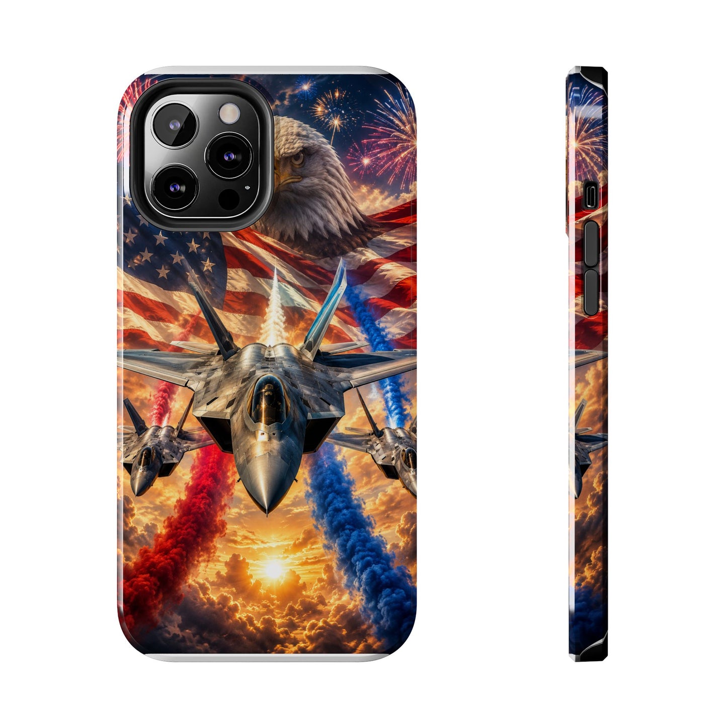 Patriotic Fighter Jet Phone Case with Eagle, American Flag & Fireworks Design