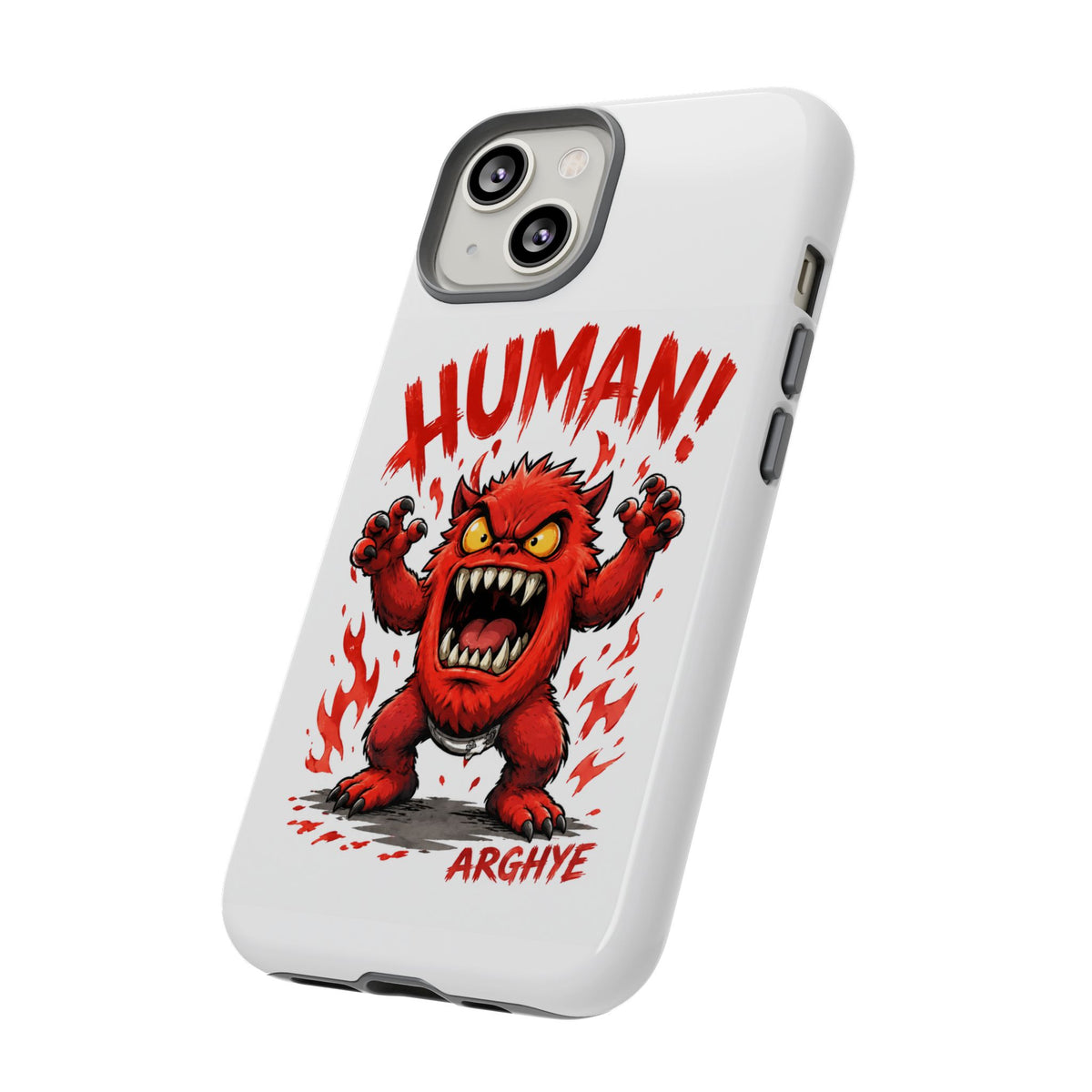 Angry Monster "HUMAN!" Phone Case — Cute Fiery Creature iPhone Cover