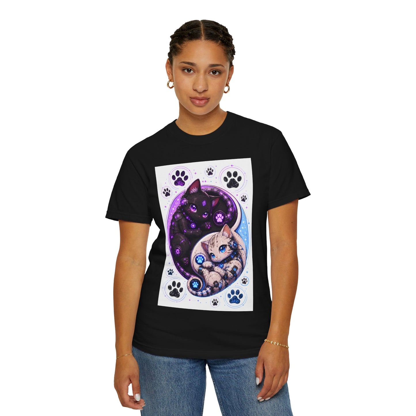 Yin Yang Cat T-Shirt — Cosmic Black & White Kittens Paw Print Tee