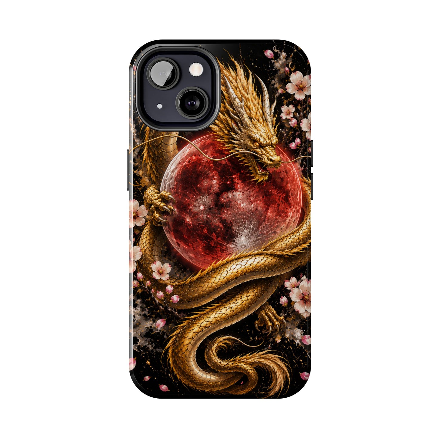 Golden Dragon Moon Tough Phone Case — Cherry Blossoms & Red Moon Protective Cover