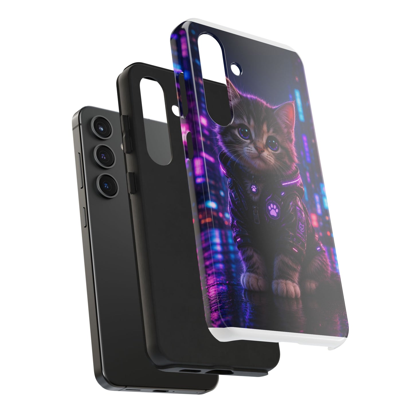 Cyberpunk Kitten Tough Phone Case — Neon Cat Protective Phone Cover