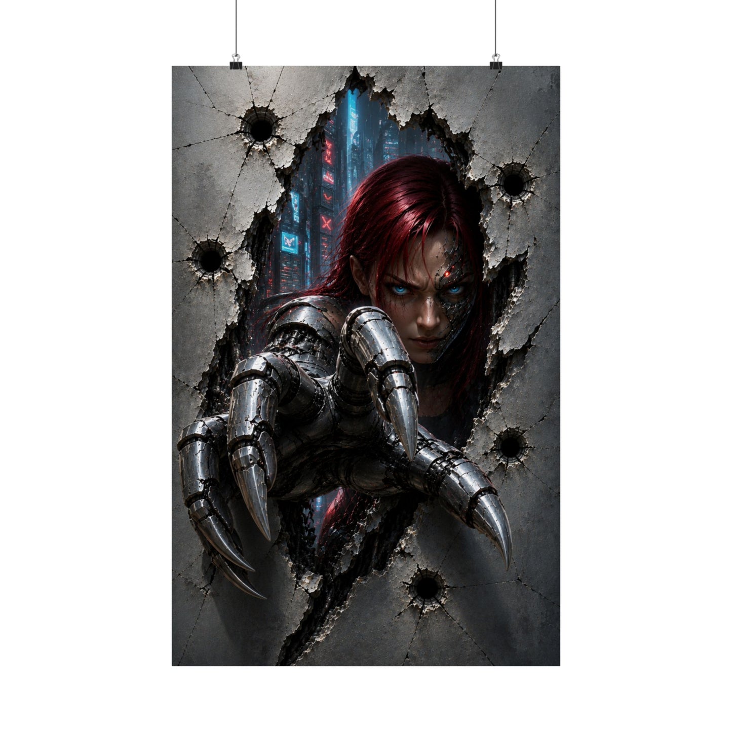 Cyberpunk Assassin Matte Poster — Red-Haired Cyborg Claw Wall Art