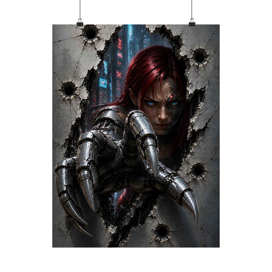 Cyberpunk Assassin Matte Poster — Red-Haired Cyborg Claw Wall Art