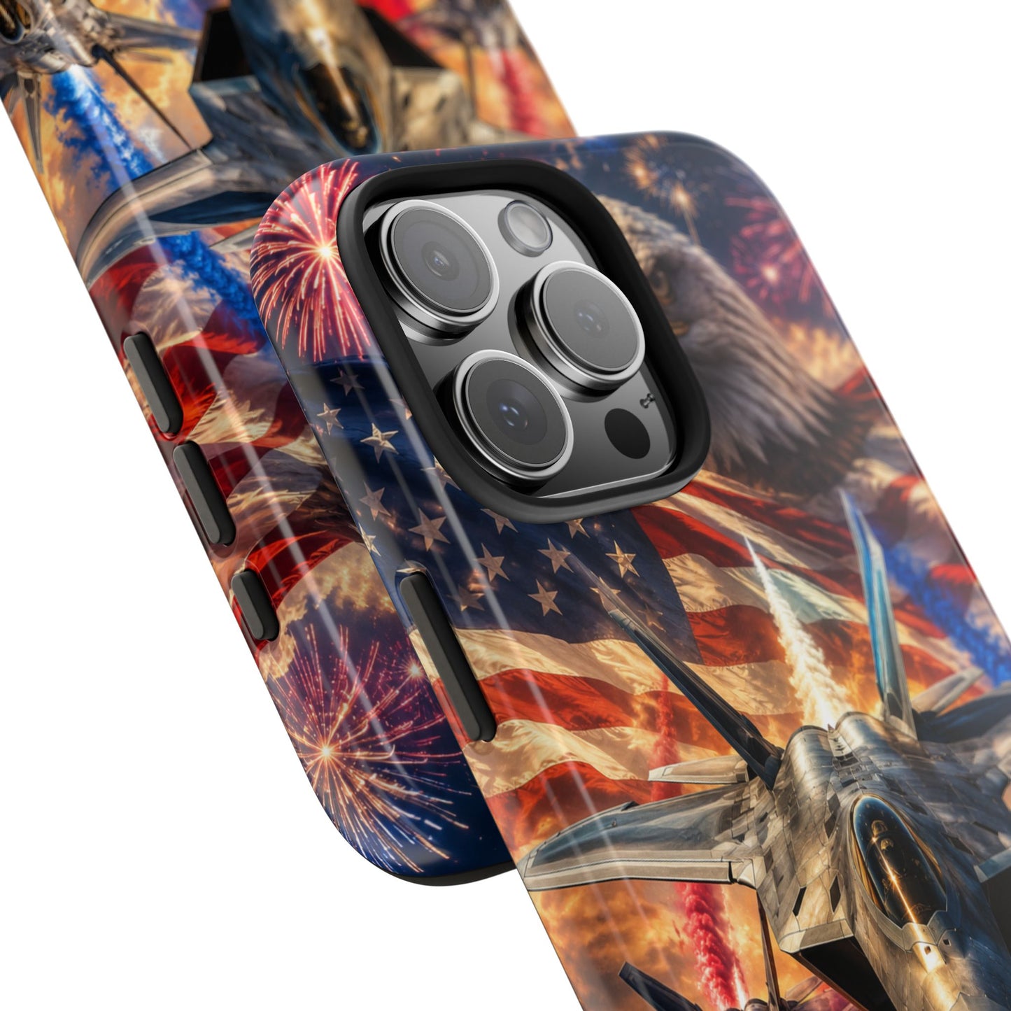 Patriotic Fighter Jet Phone Case with Eagle, American Flag & Fireworks Design