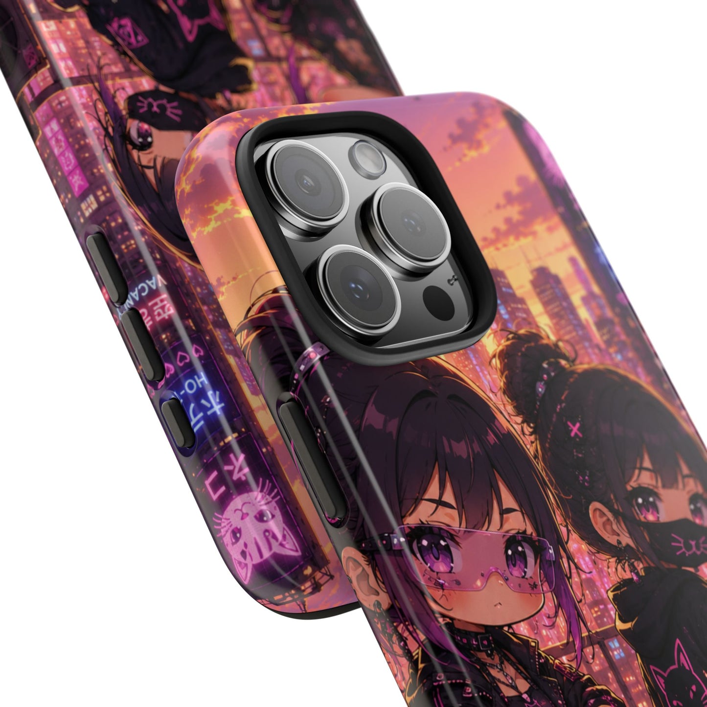 Anime City Night Tough Phone Case — Kawaii Cyberpunk Characters & Cat
