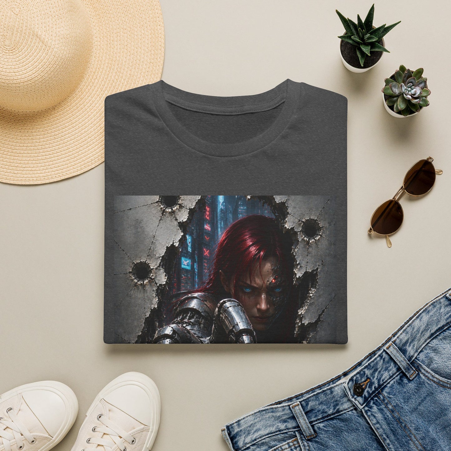 Cyberpunk Warrior Graphic T-Shirt — Red-Haired Brawler Design