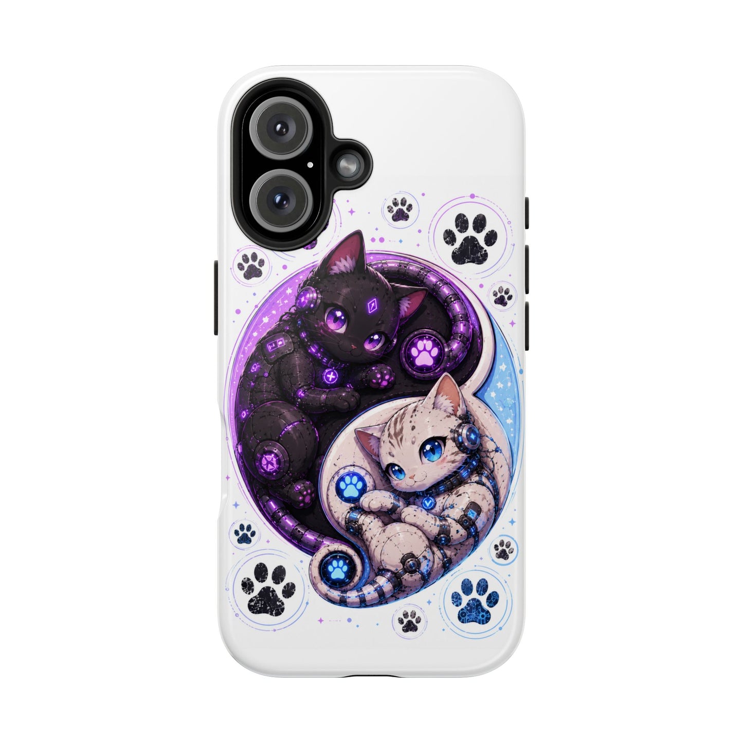 Cat Yin Yang Tough Phone Case — Black & White Kittens, Paw Print Protective Cover