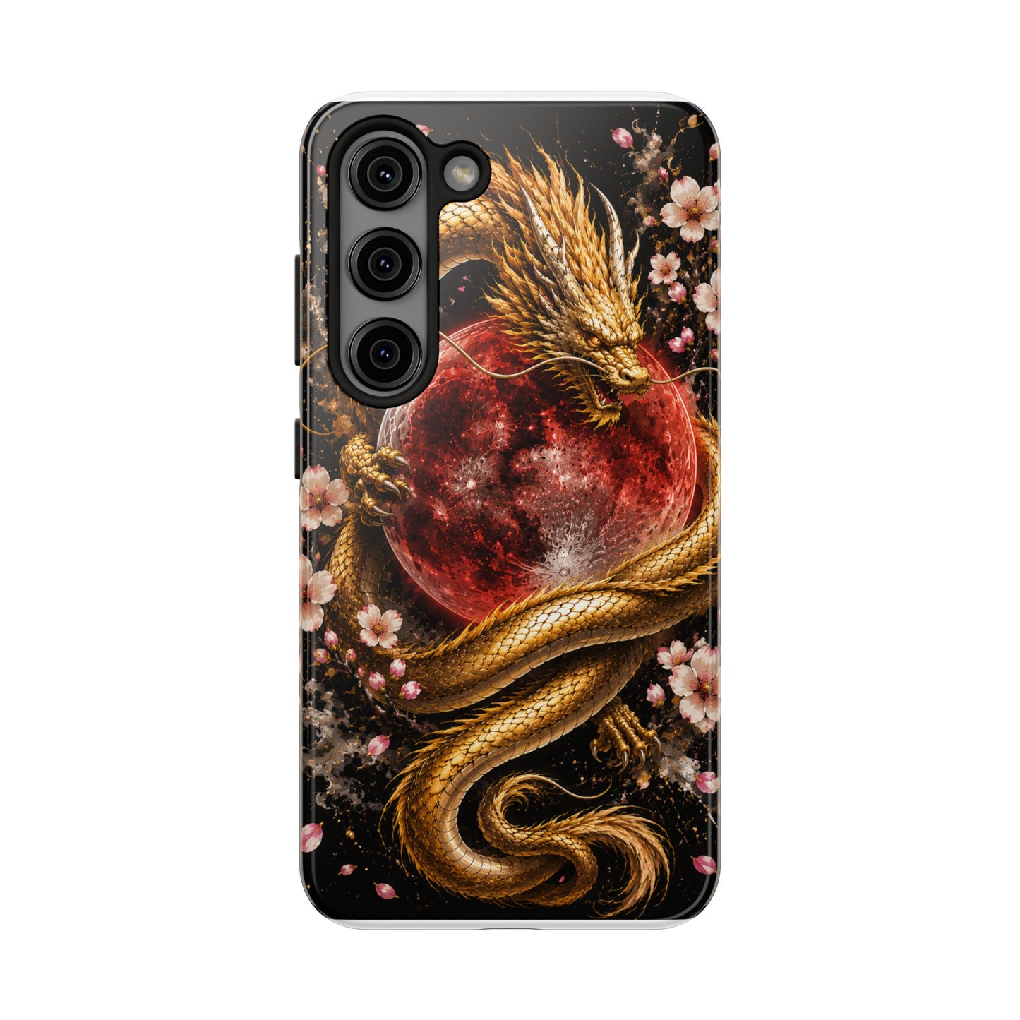 Golden Dragon Moon Tough Phone Case — Cherry Blossoms & Red Moon Protective Cover