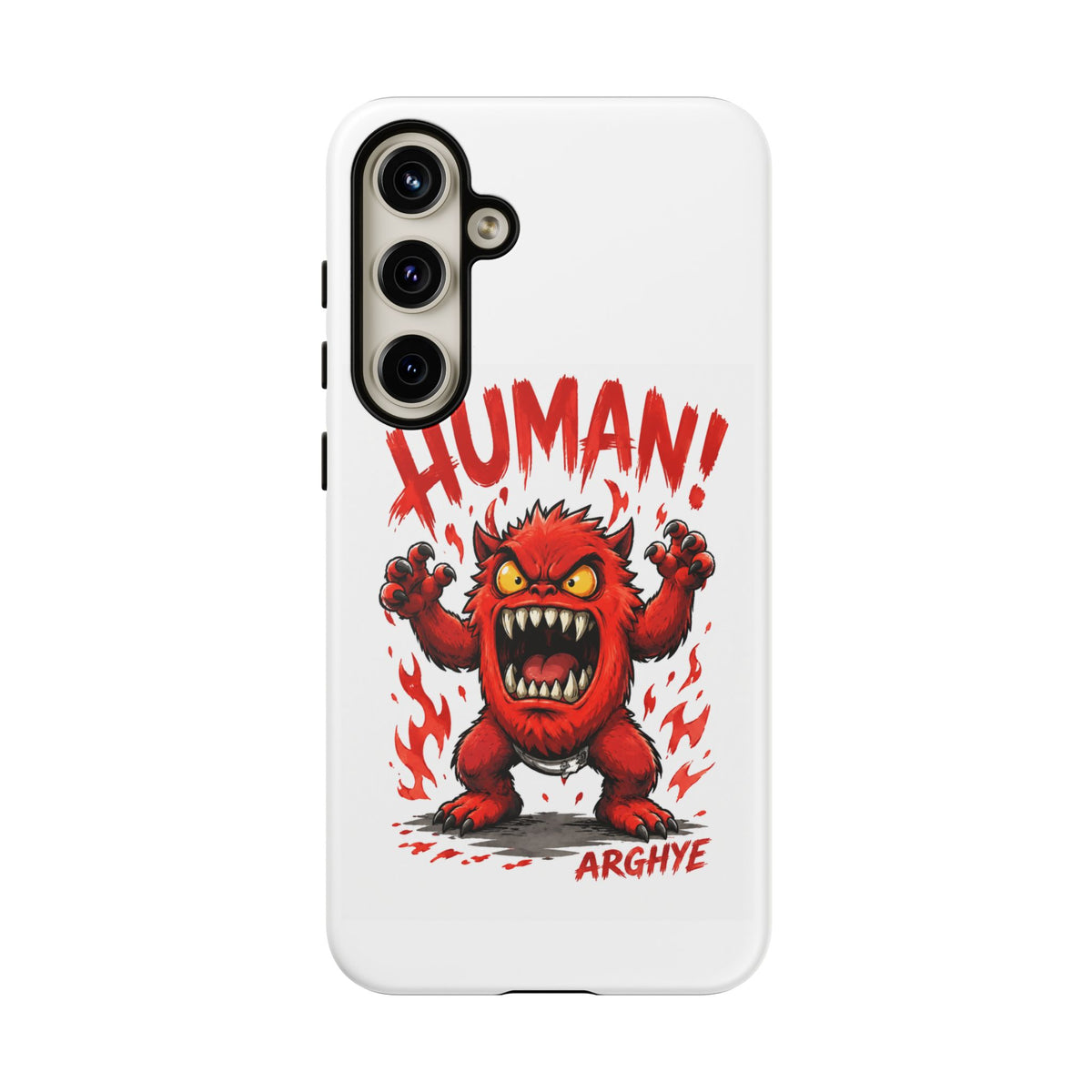 Angry Monster "HUMAN!" Phone Case — Cute Fiery Creature iPhone Cover