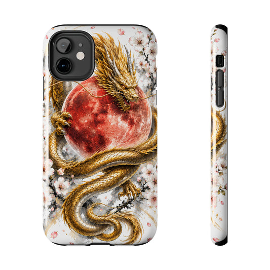 Golden Dragon Phone Case — Red Moon & Cherry Blossom Tough Phone Case