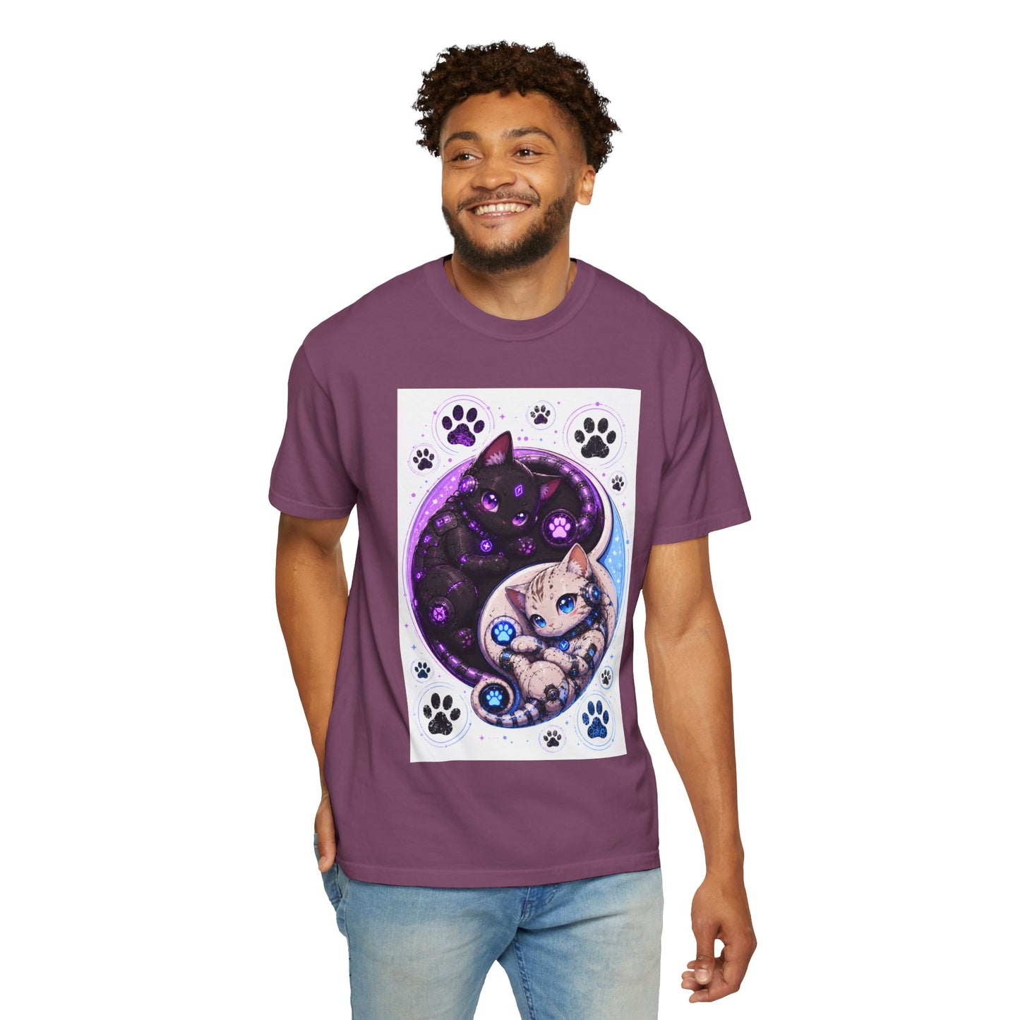 Yin Yang Cat T-Shirt — Cosmic Black & White Kittens Paw Print Tee