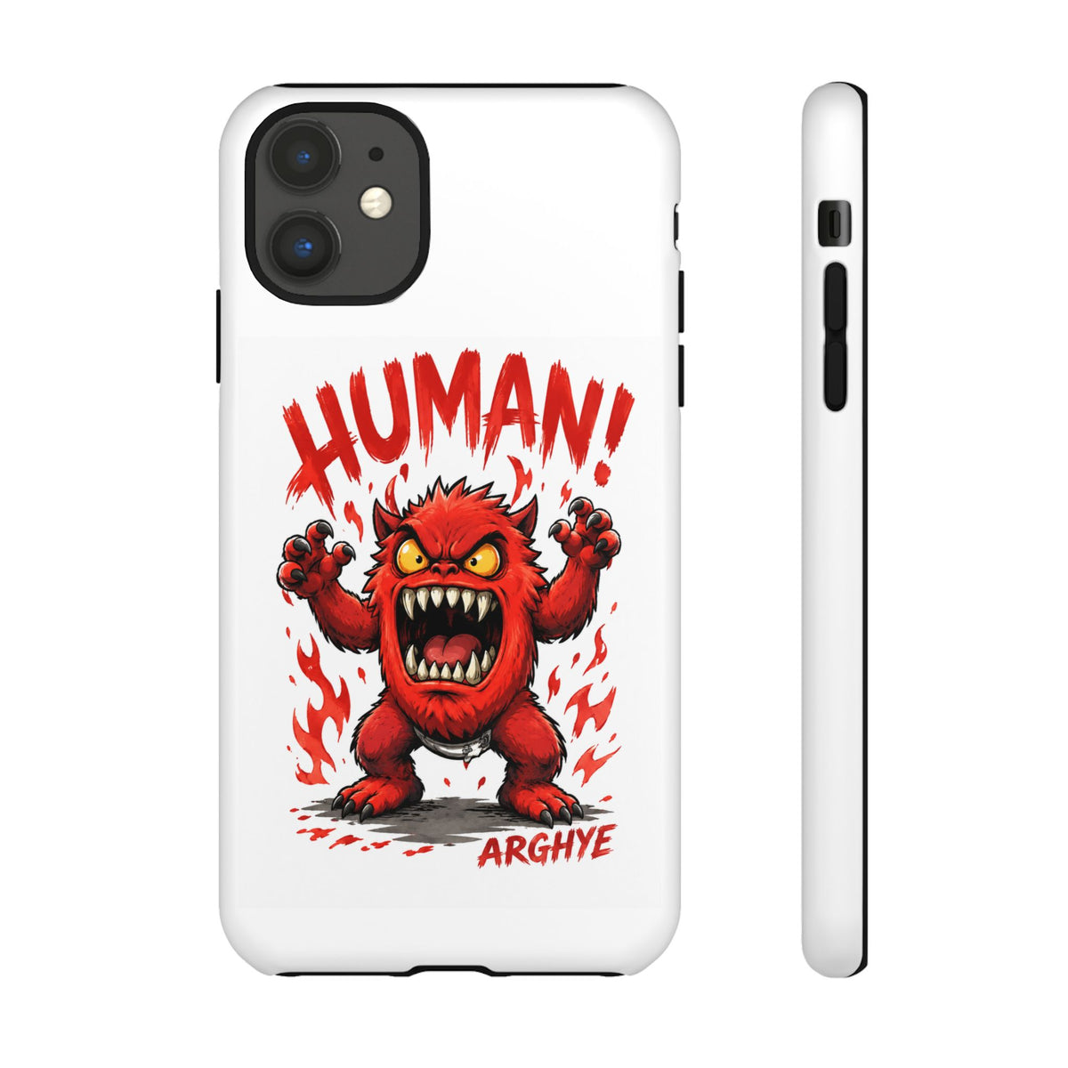 Angry Monster "HUMAN!" Phone Case — Cute Fiery Creature iPhone Cover
