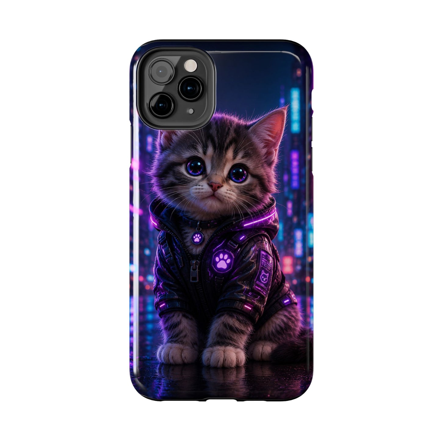 Cyberpunk Kitten Tough Phone Case — Neon Cat Protective Phone Cover