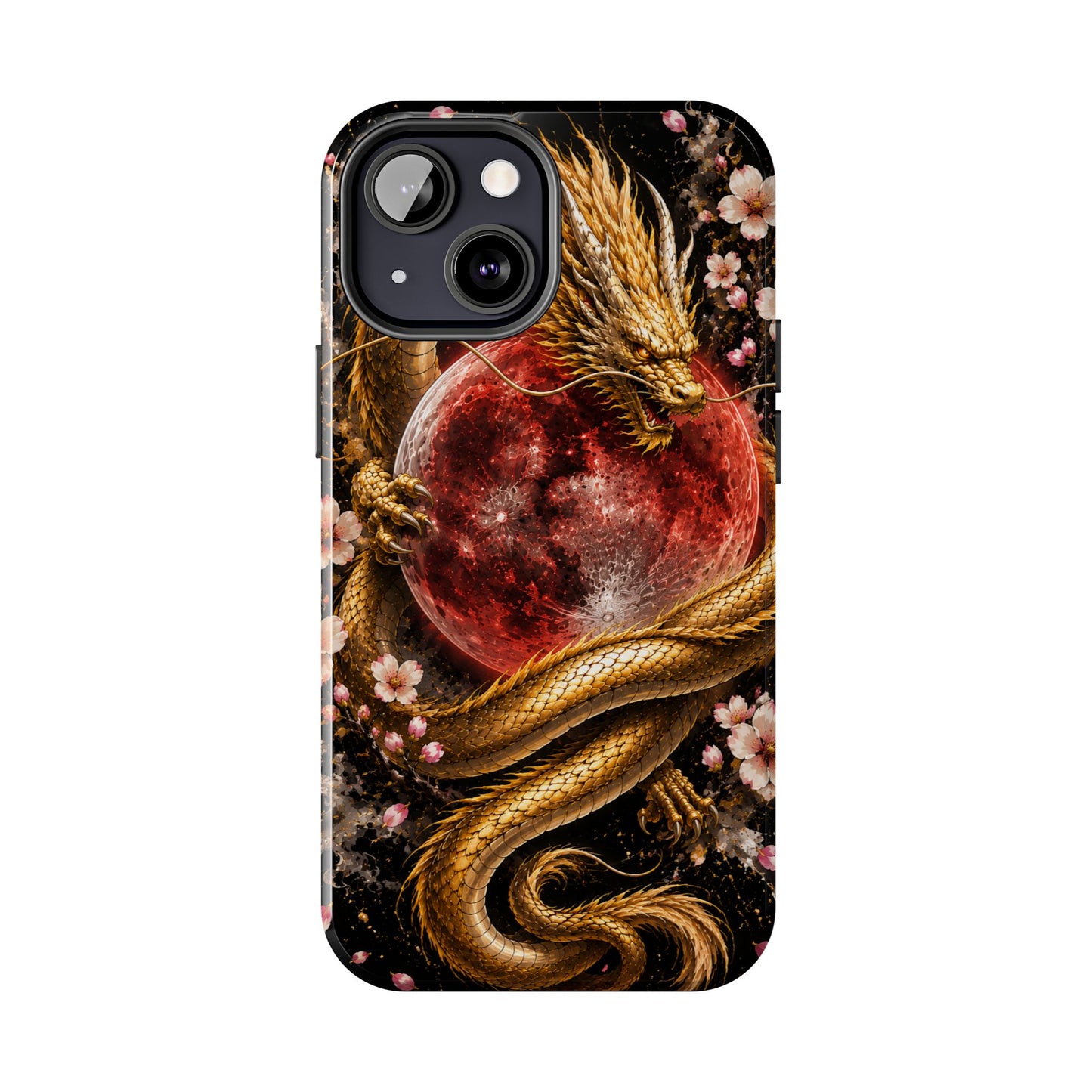 Golden Dragon Moon Tough Phone Case — Cherry Blossoms & Red Moon Protective Cover