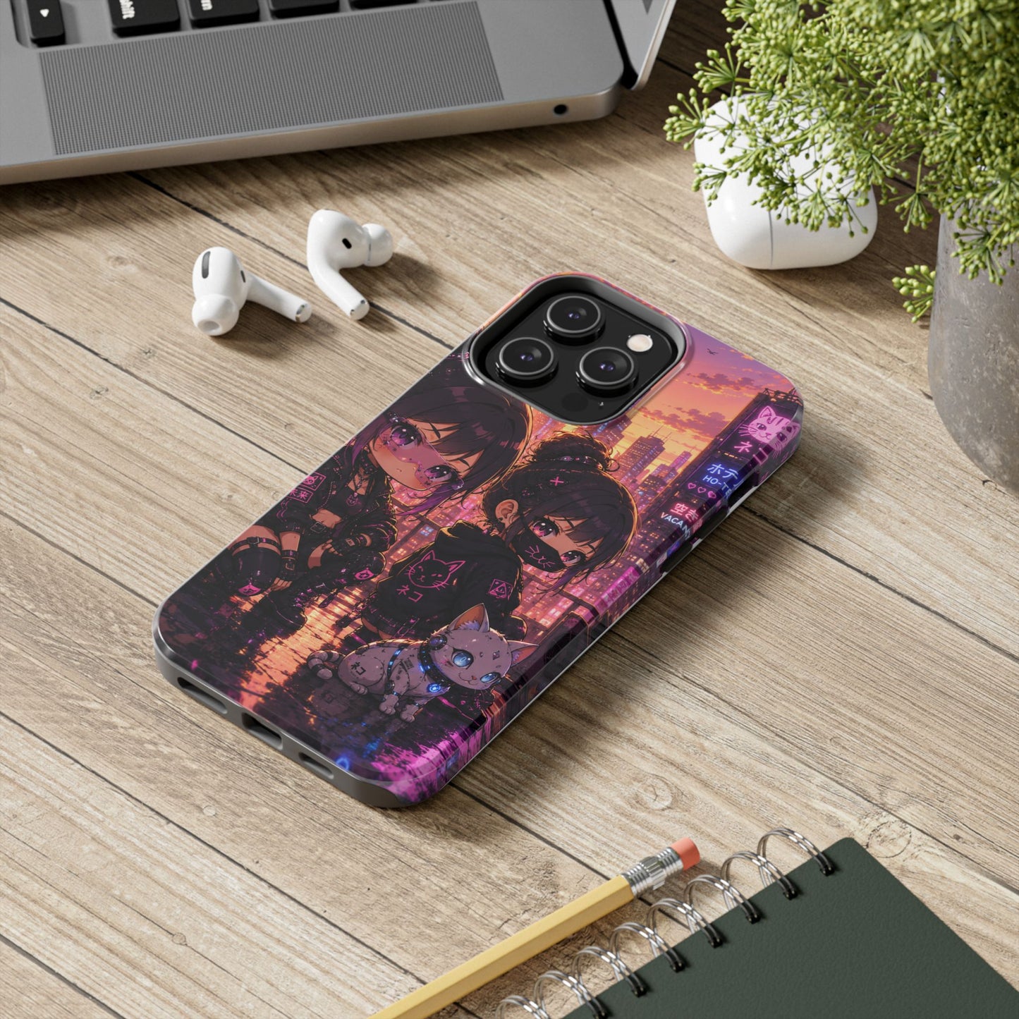 Anime City Night Tough Phone Case — Kawaii Cyberpunk Characters & Cat