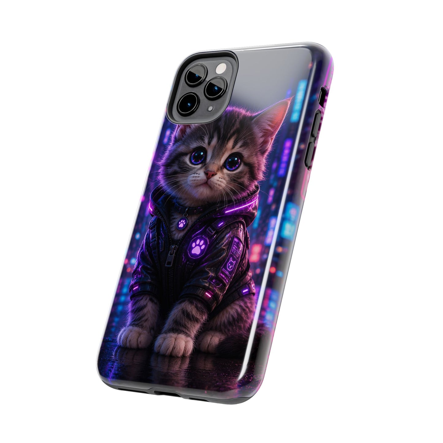 Cyberpunk Kitten Tough Phone Case — Neon Cat Protective Phone Cover