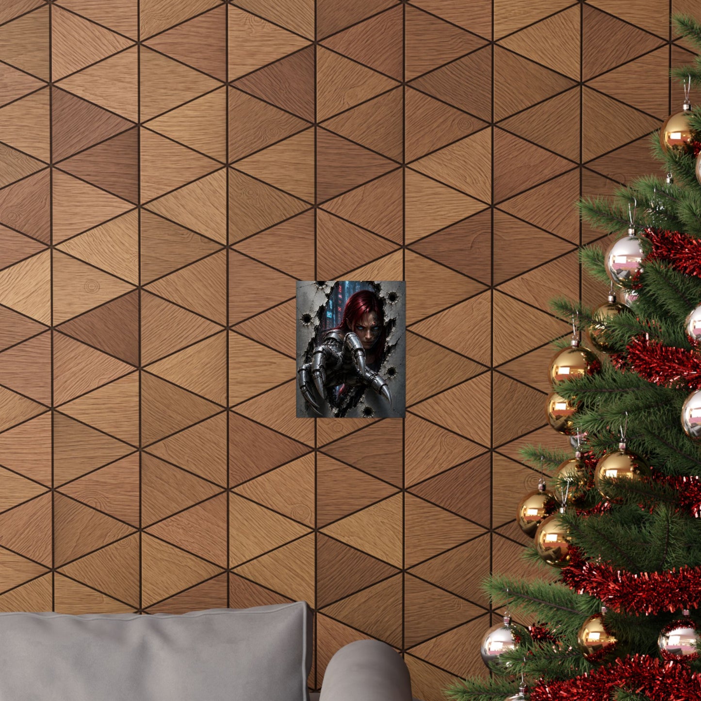 Cyberpunk Assassin Matte Poster — Red-Haired Cyborg Claw Wall Art