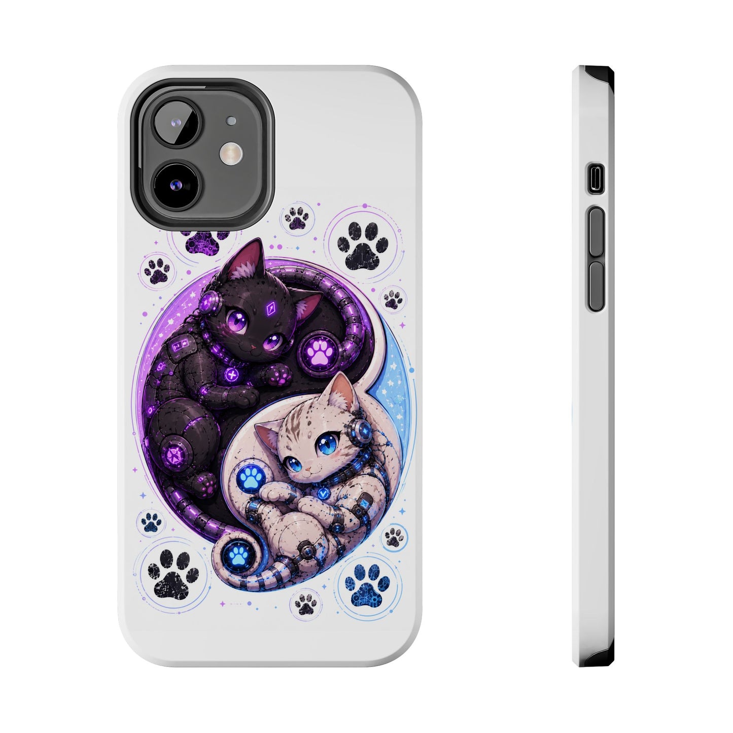 Cat Yin Yang Tough Phone Case — Black & White Kittens, Paw Print Protective Cover