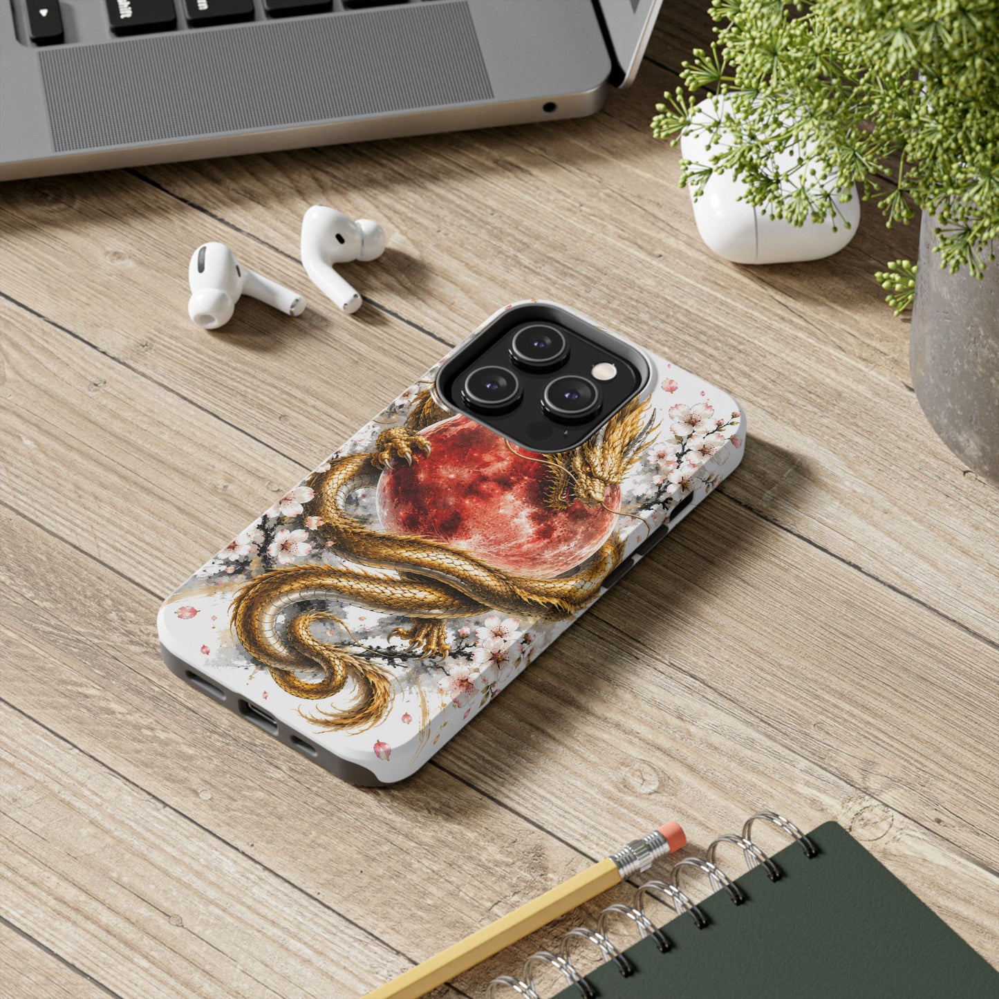 Golden Dragon Phone Case — Red Moon & Cherry Blossom Tough Phone Case