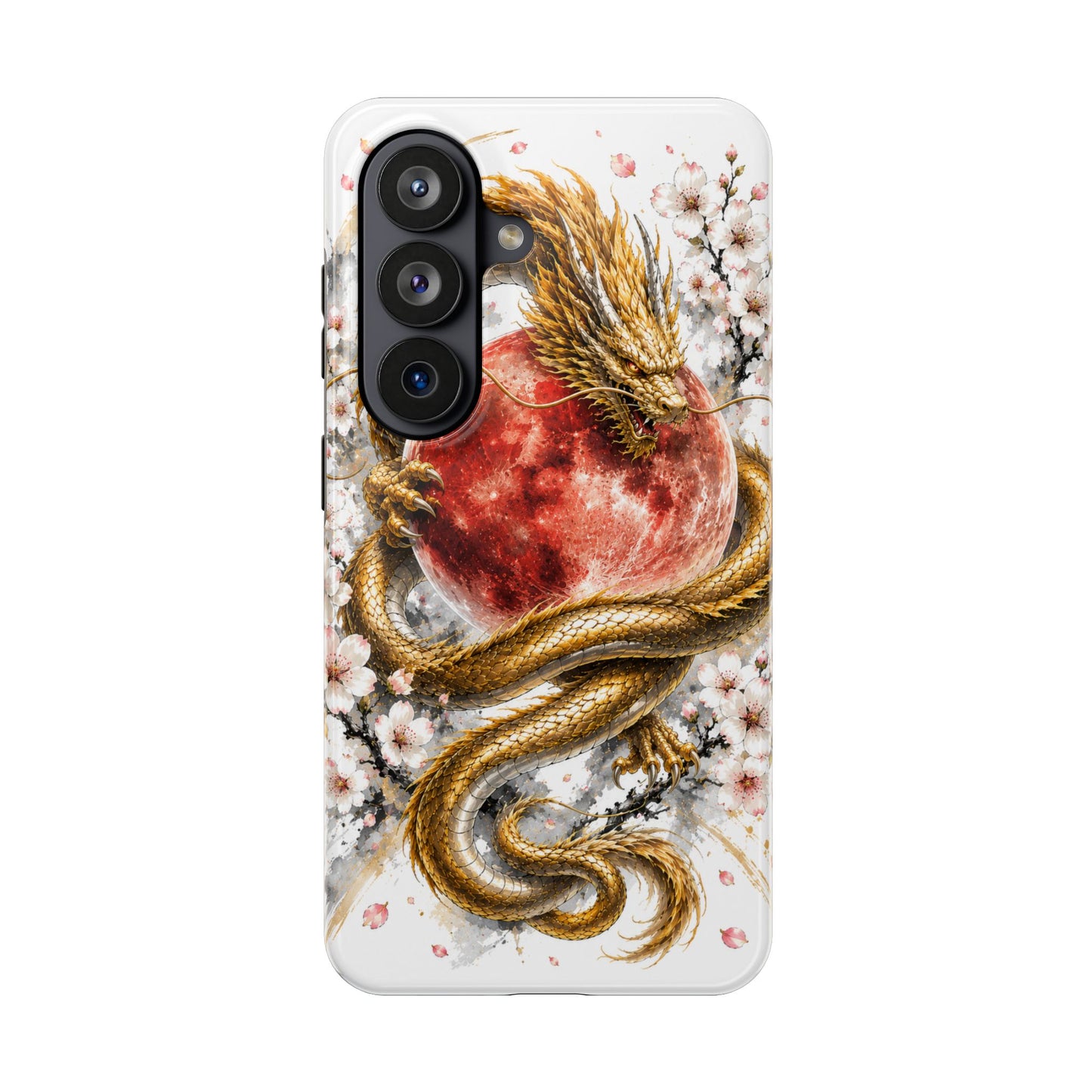 Golden Dragon Phone Case — Red Moon & Cherry Blossom Tough Phone Case