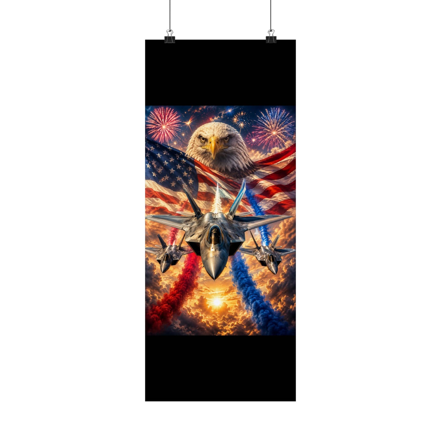 Patriotic Eagle & Fighter Jets Matte Vertical Poster — American Flag, Fireworks & 4th of July Wall Art