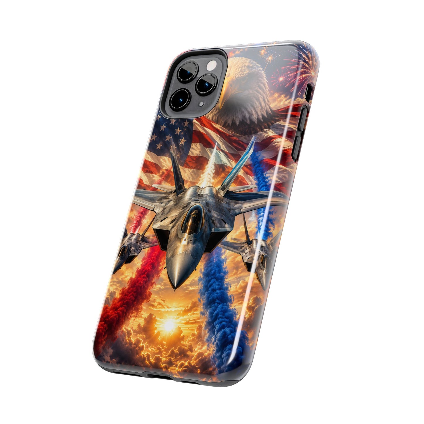 Patriotic Fighter Jet Phone Case with Eagle, American Flag & Fireworks Design