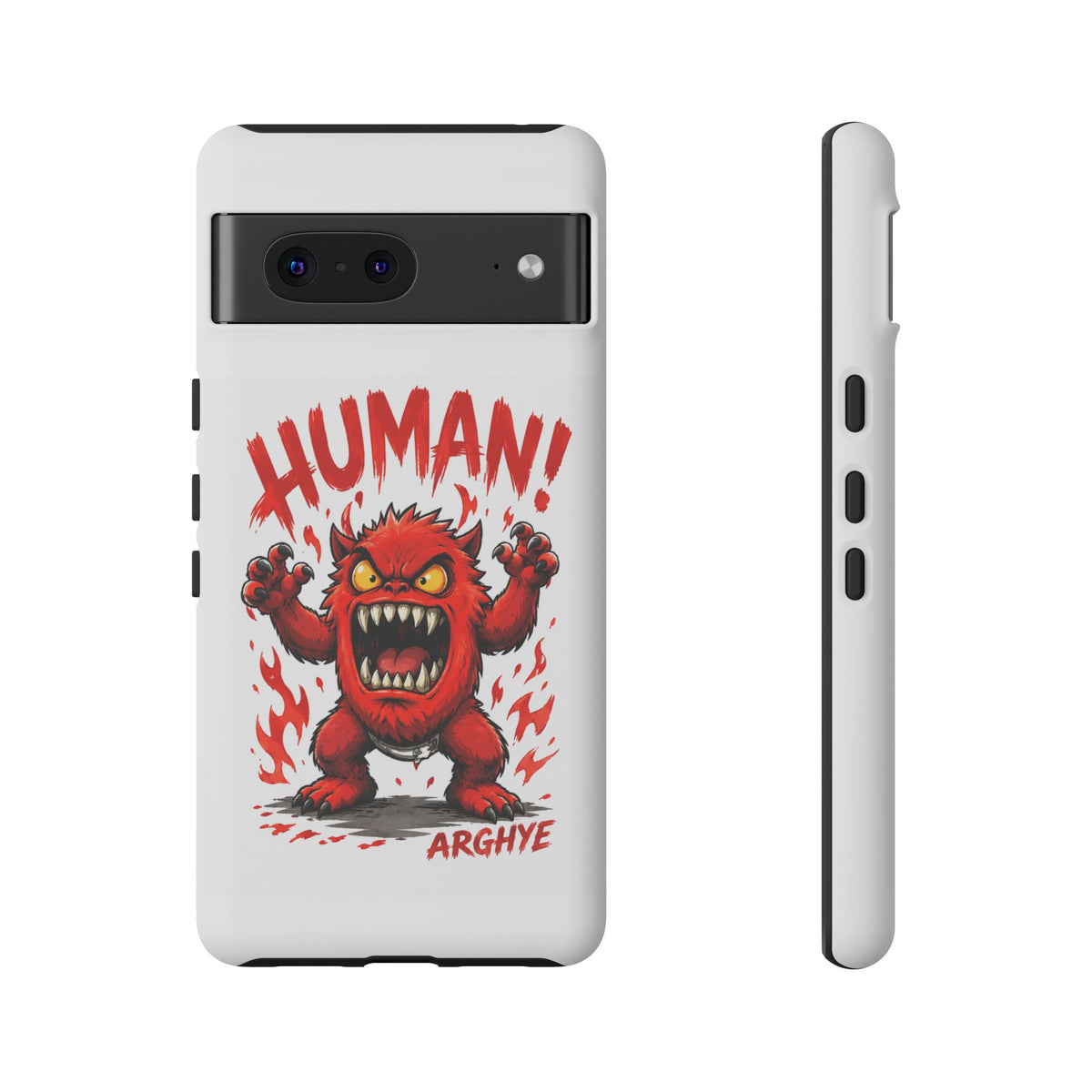Angry Monster "HUMAN!" Phone Case — Cute Fiery Creature iPhone Cover