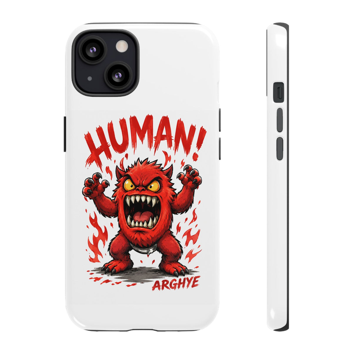 Angry Monster "HUMAN!" Phone Case — Cute Fiery Creature iPhone Cover