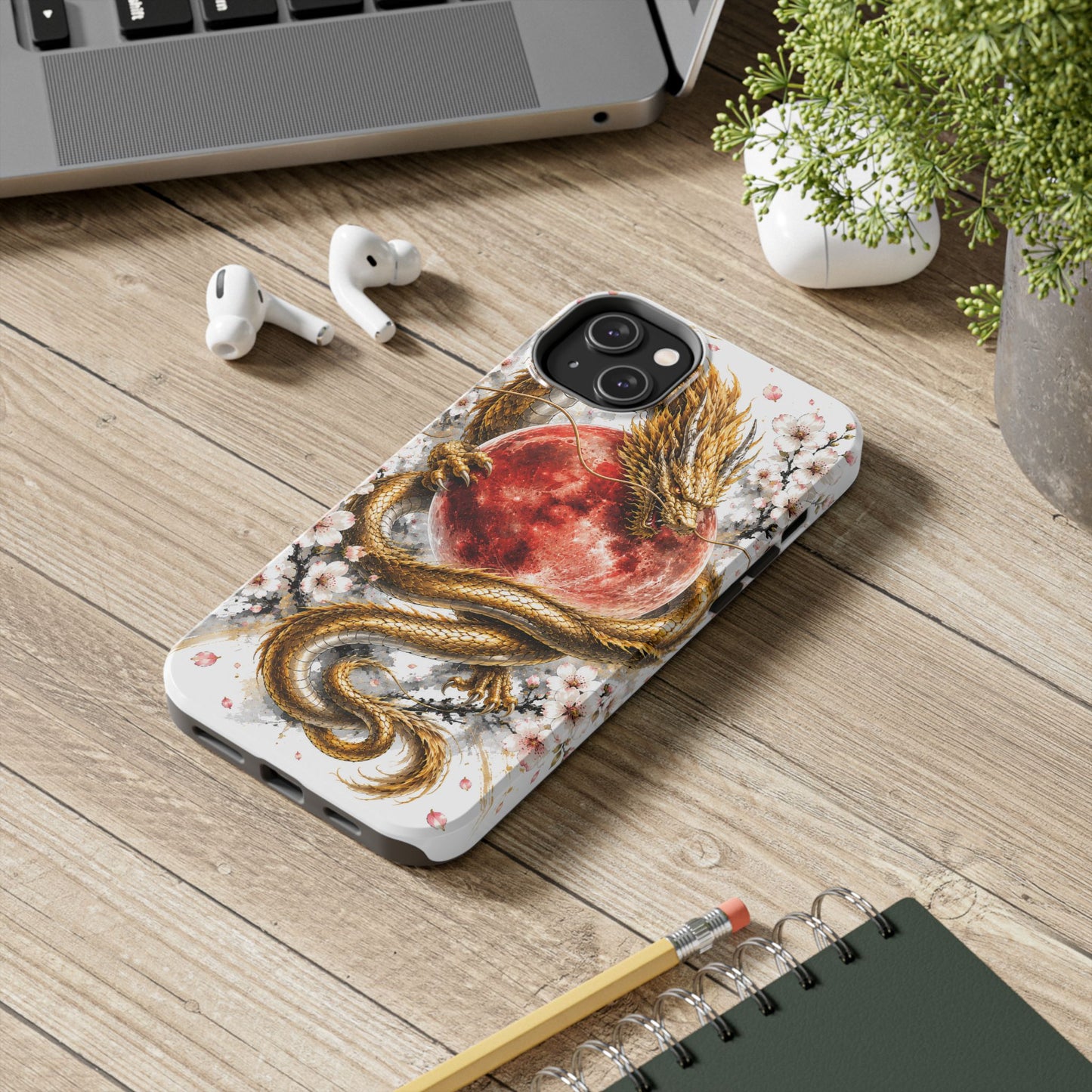 Golden Dragon Phone Case — Red Moon & Cherry Blossom Tough Phone Case