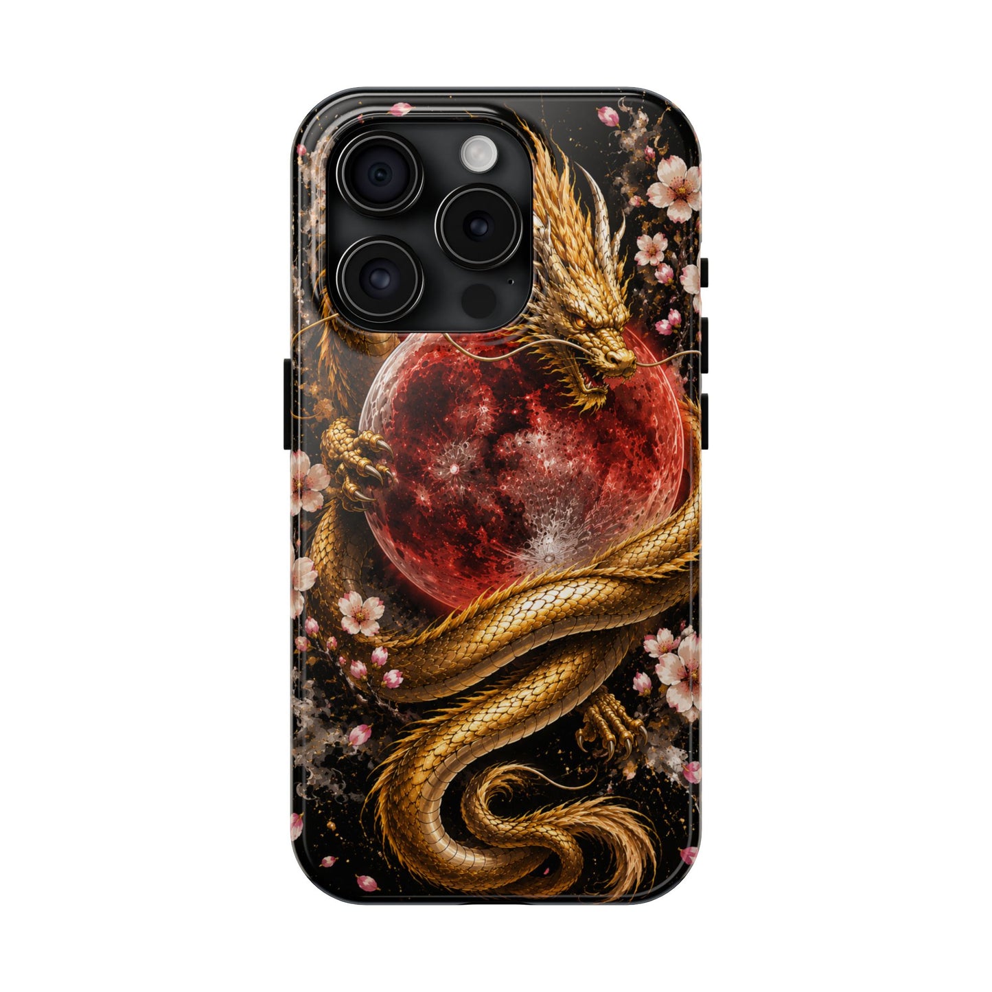 Golden Dragon Moon Tough Phone Case — Cherry Blossoms & Red Moon Protective Cover