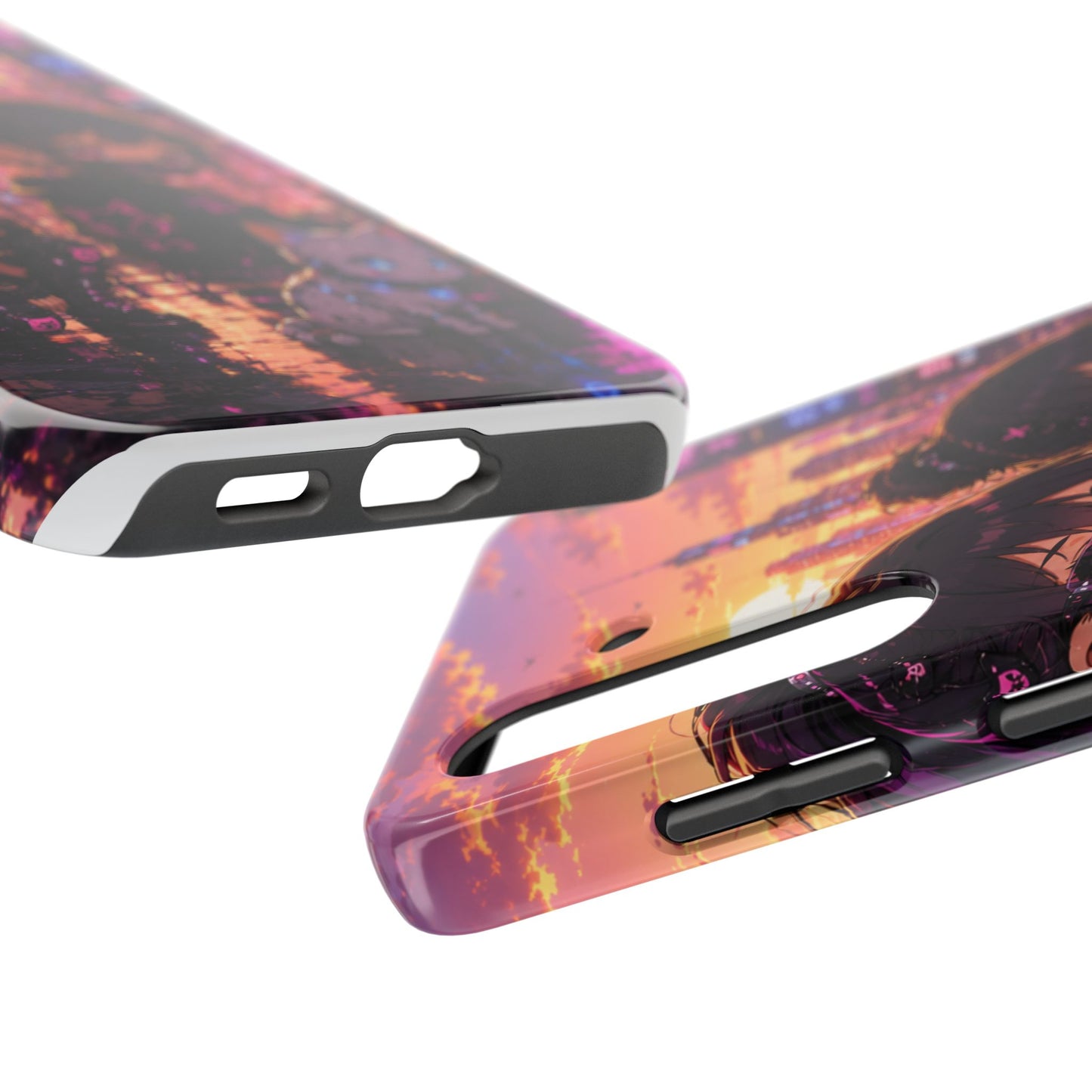 Anime City Night Tough Phone Case — Kawaii Cyberpunk Characters & Cat