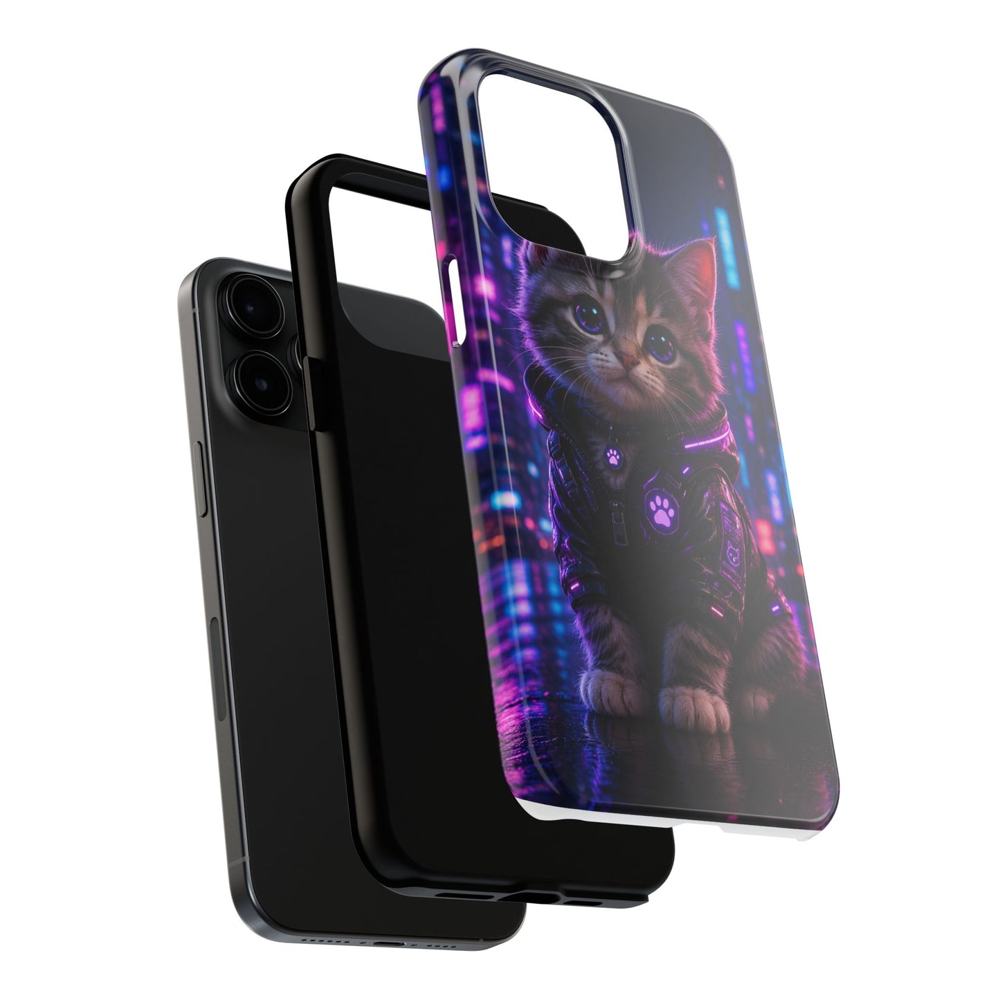 Cyberpunk Kitten Tough Phone Case — Neon Cat Protective Phone Cover