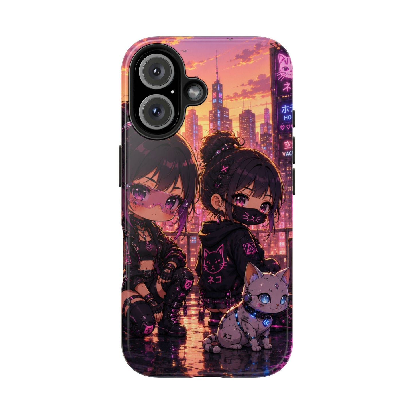 Anime City Night Tough Phone Case — Kawaii Cyberpunk Characters & Cat