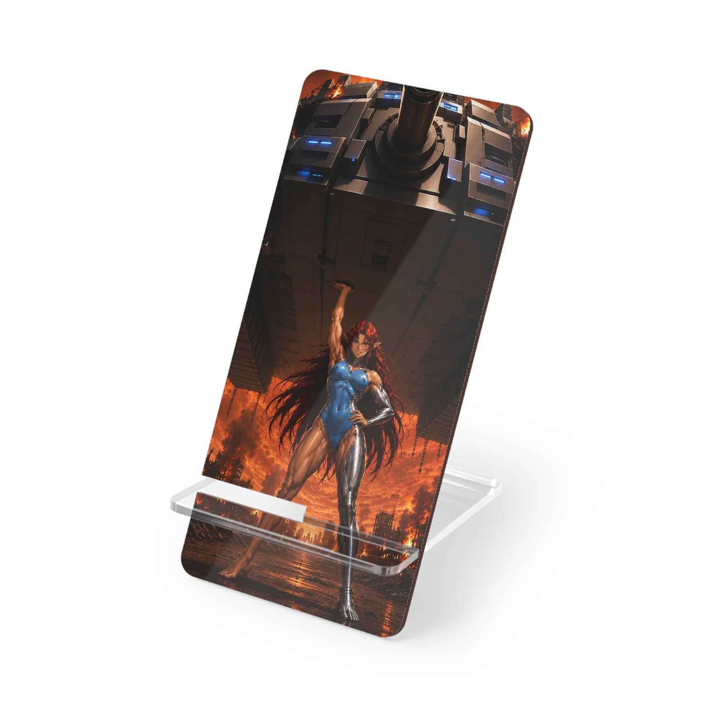 Acrylic Phone Stand – Fiery Superhero Warrior Mobile Display Stand