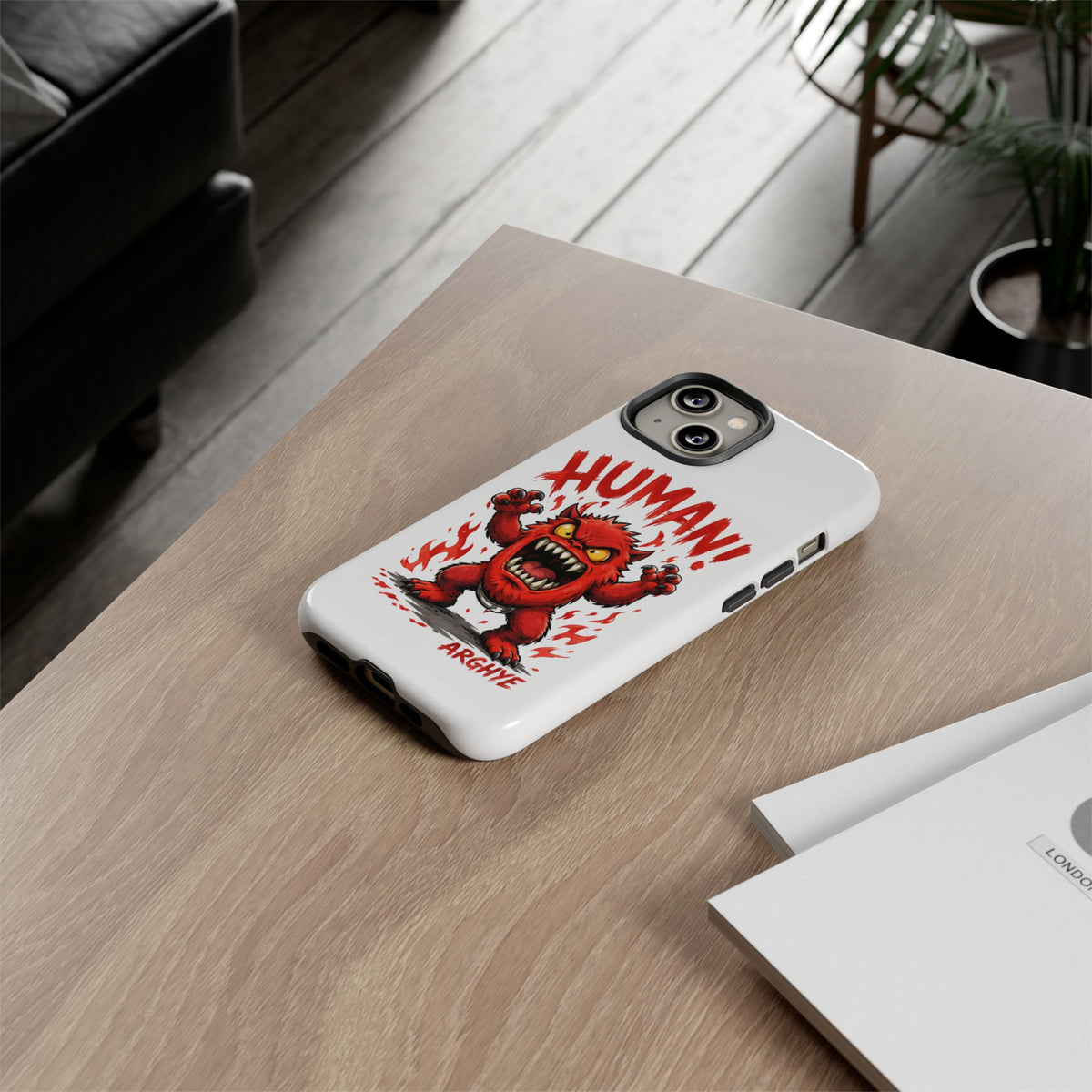 Angry Monster "HUMAN!" Phone Case — Cute Fiery Creature iPhone Cover