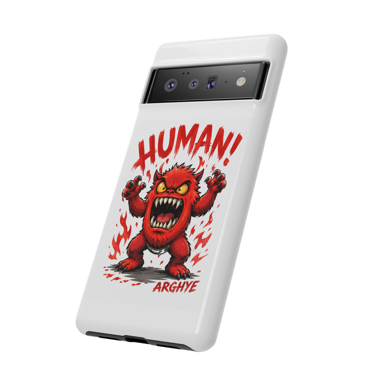 Angry Monster "HUMAN!" Phone Case — Cute Fiery Creature iPhone Cover