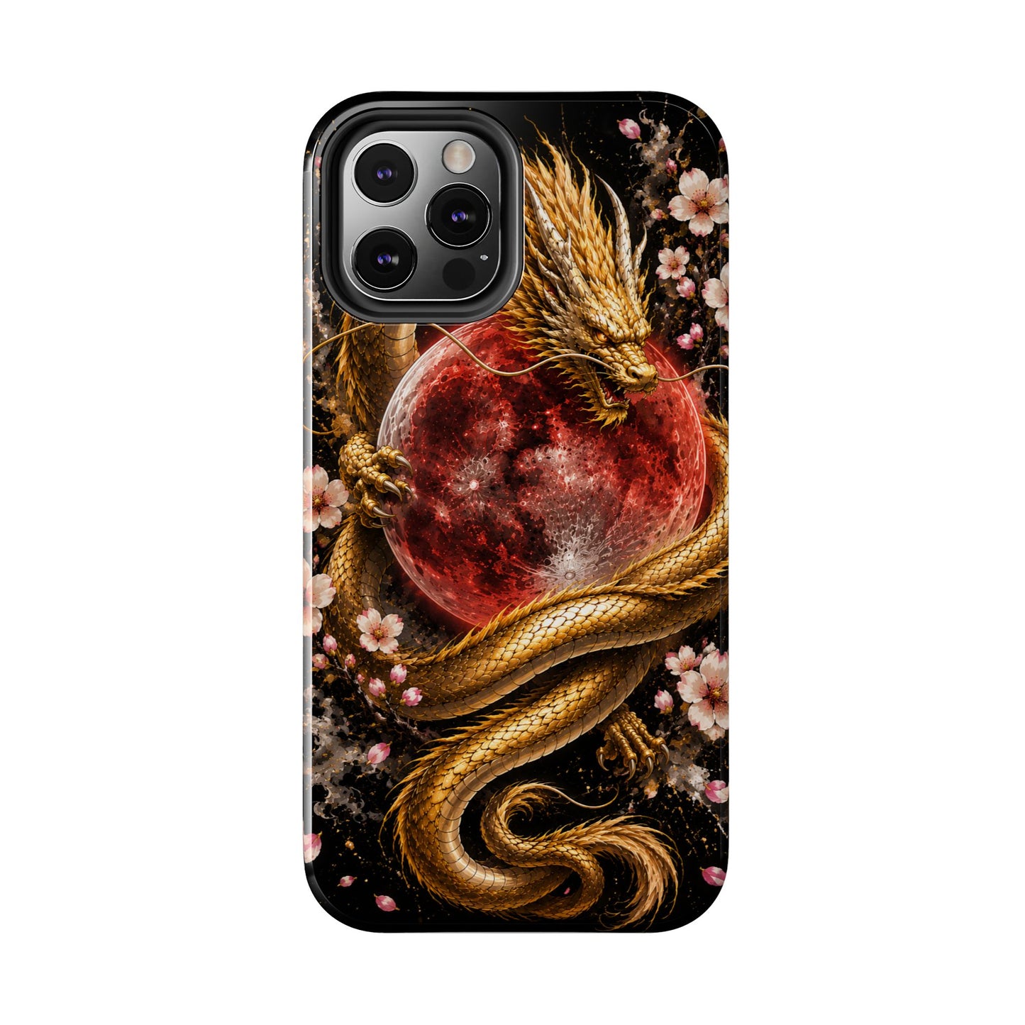 Golden Dragon Moon Tough Phone Case — Cherry Blossoms & Red Moon Protective Cover