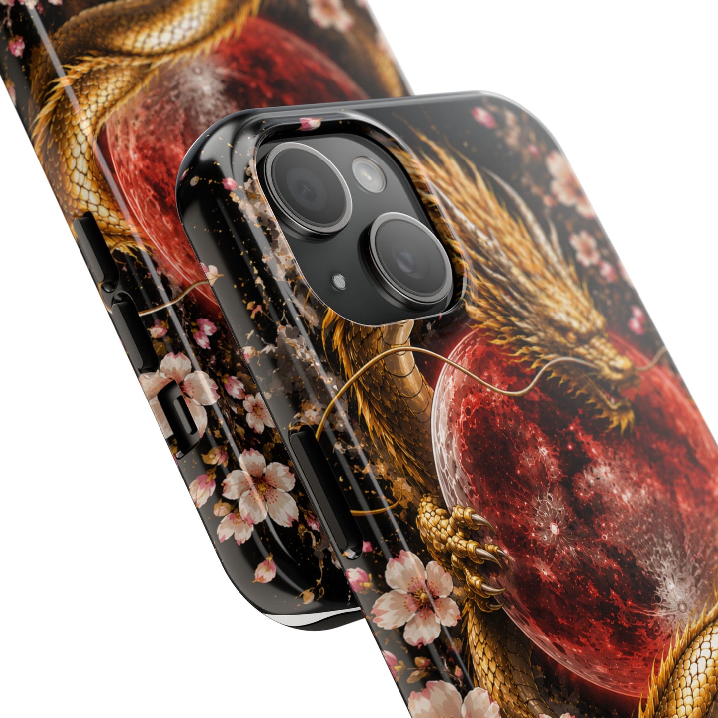 Golden Dragon Moon Tough Phone Case — Cherry Blossoms & Red Moon Protective Cover