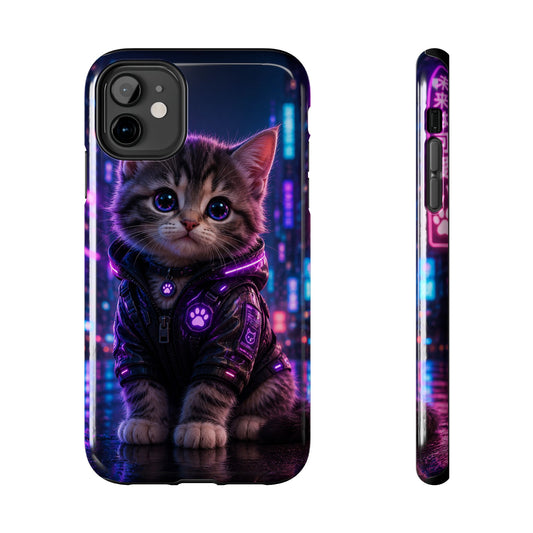 Cyberpunk Kitten Tough Phone Case — Neon Cat Protective Phone Cover