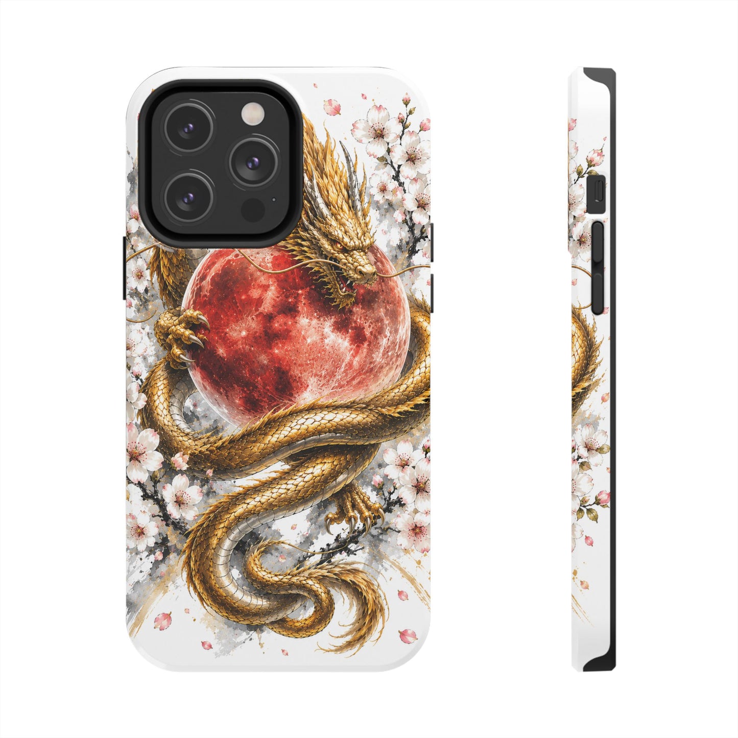 Golden Dragon Phone Case — Red Moon & Cherry Blossom Tough Phone Case