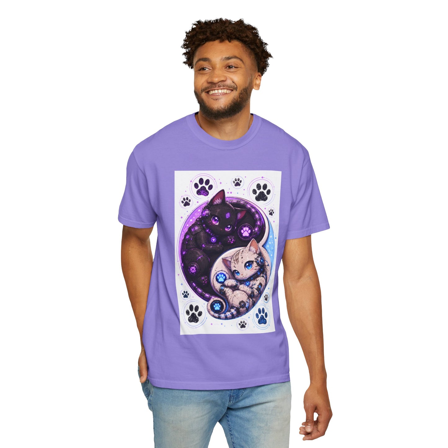 Yin Yang Cat T-Shirt — Cosmic Black & White Kittens Paw Print Tee
