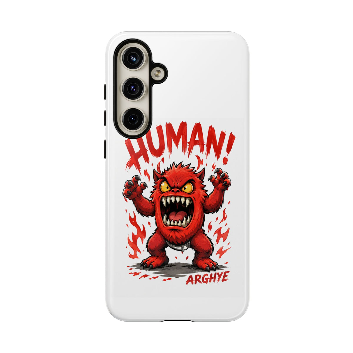 Angry Monster "HUMAN!" Phone Case — Cute Fiery Creature iPhone Cover
