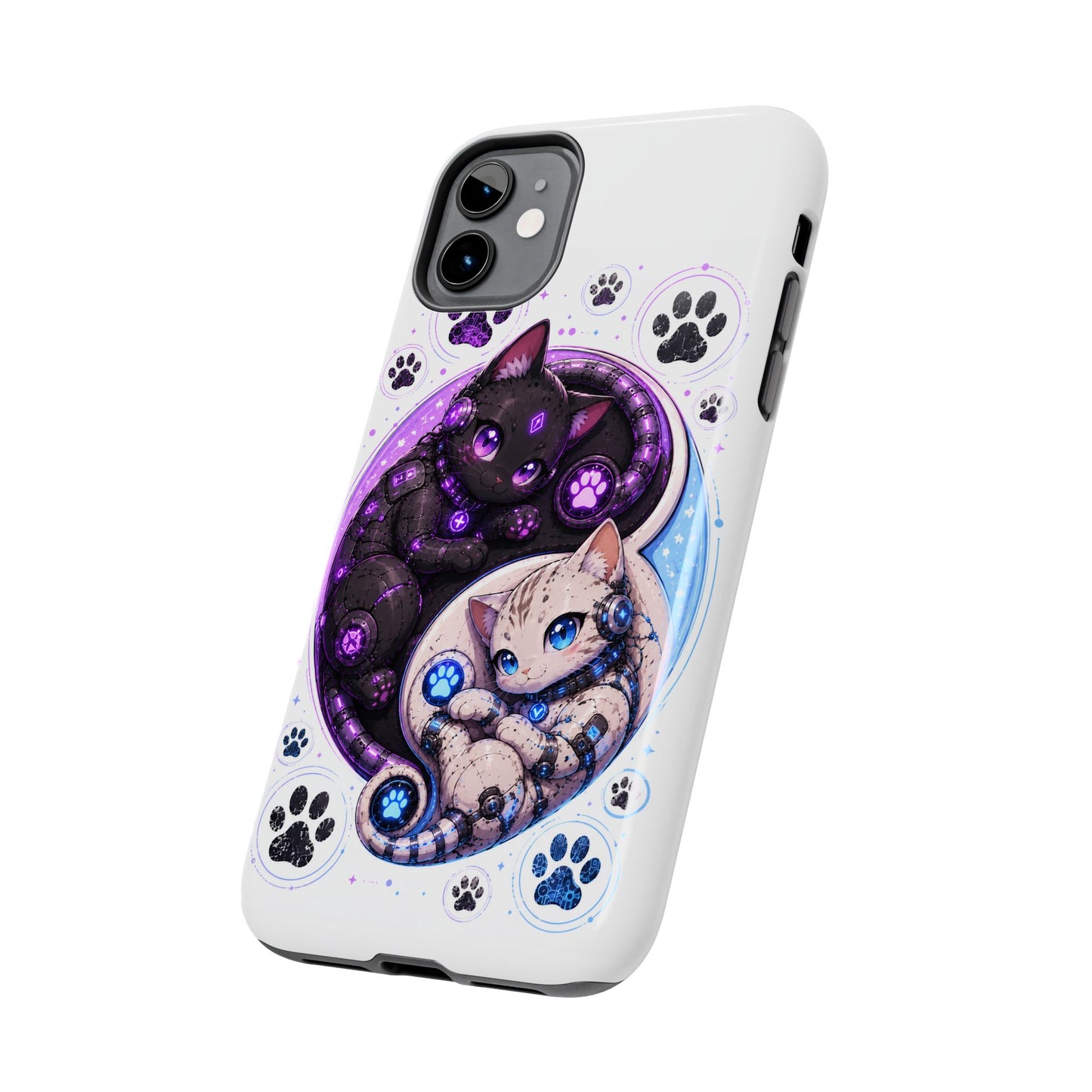 Cat Yin Yang Tough Phone Case — Black & White Kittens, Paw Print Protective Cover
