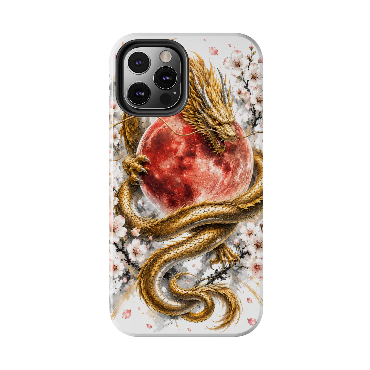 Golden Dragon Phone Case — Red Moon & Cherry Blossom Tough Phone Case