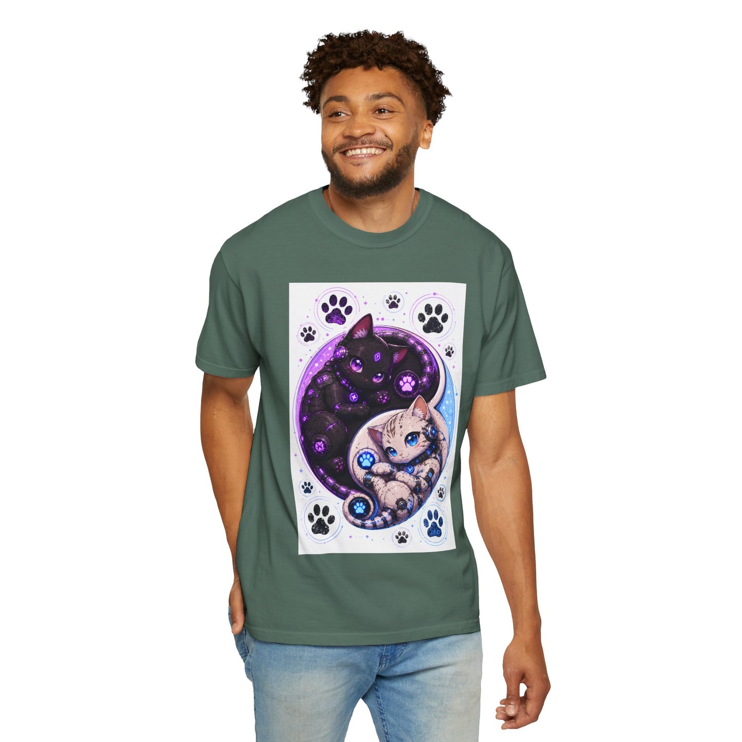 Yin Yang Cat T-Shirt — Cosmic Black & White Kittens Paw Print Tee