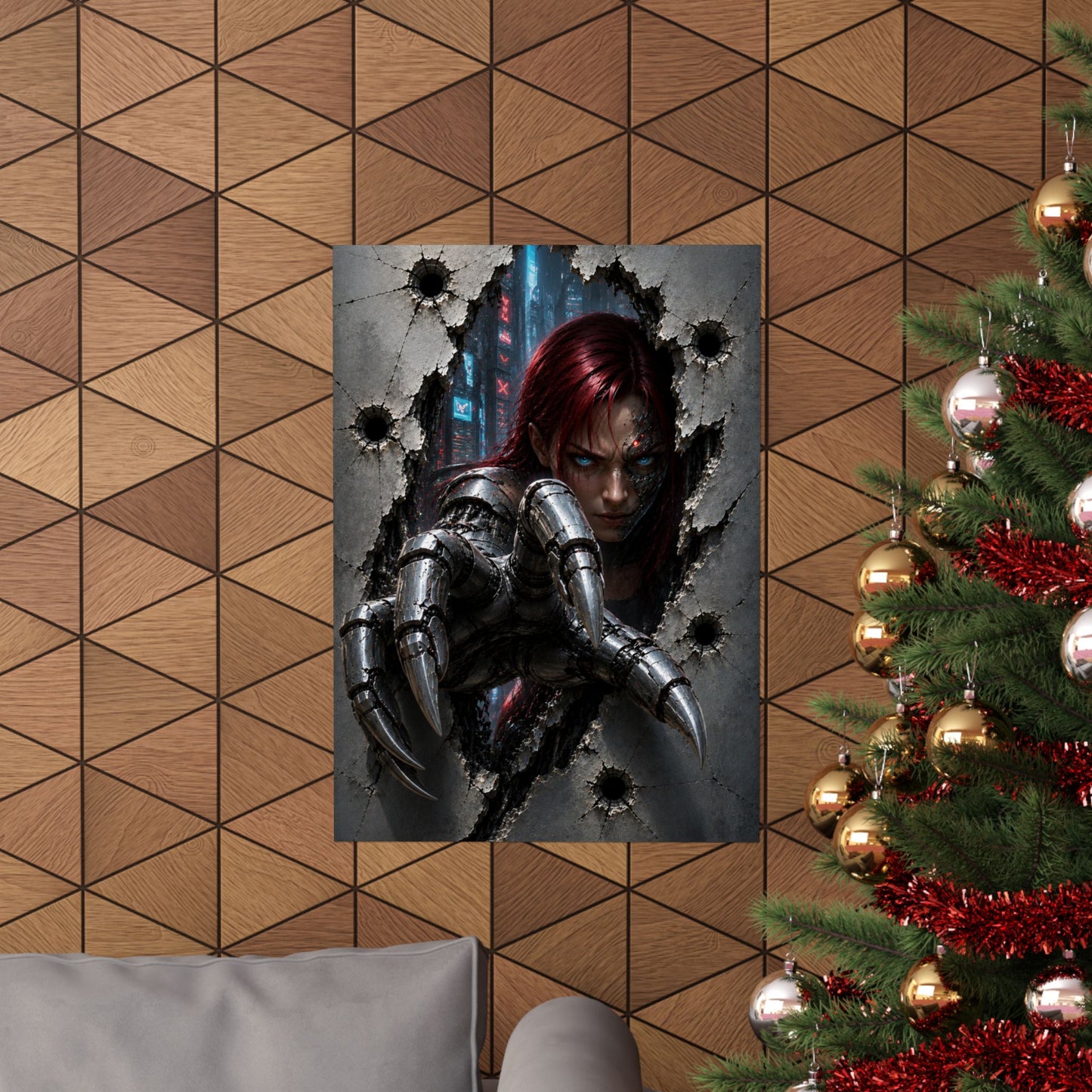 Cyberpunk Assassin Matte Poster — Red-Haired Cyborg Claw Wall Art