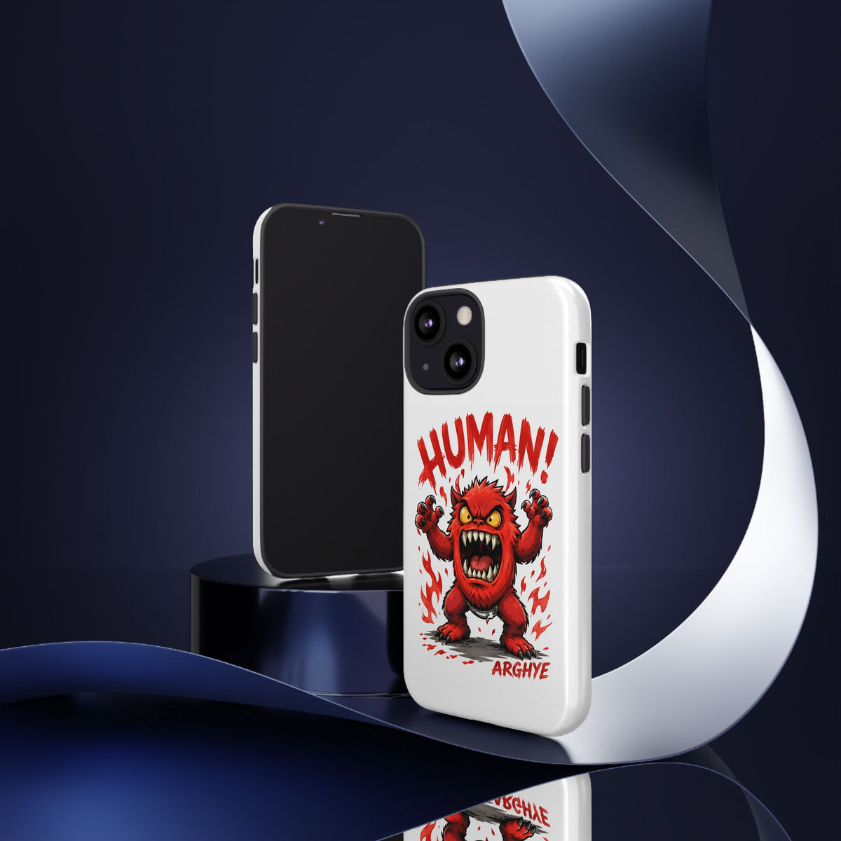Angry Monster "HUMAN!" Phone Case — Cute Fiery Creature iPhone Cover