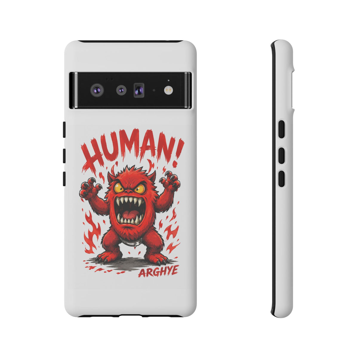 Angry Monster "HUMAN!" Phone Case — Cute Fiery Creature iPhone Cover